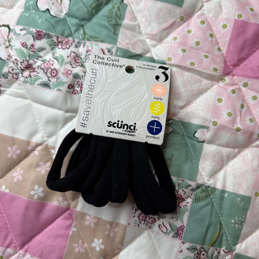 NWT Scunci Black No Damage Hair Ties 6 Pack Thick Ponytail Holders